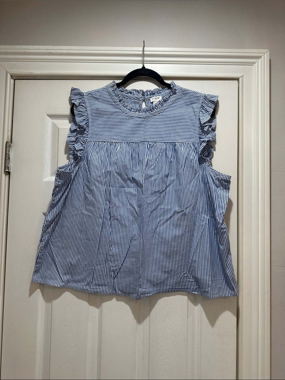 J. Crew Blue and White Striped Ruffle Neck Top